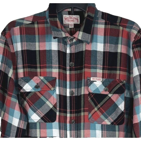 True Religion Men’s Red Multicolor Plaid Shirt Flannel Long Sleeve Size 2XL - Picture 3 of 9